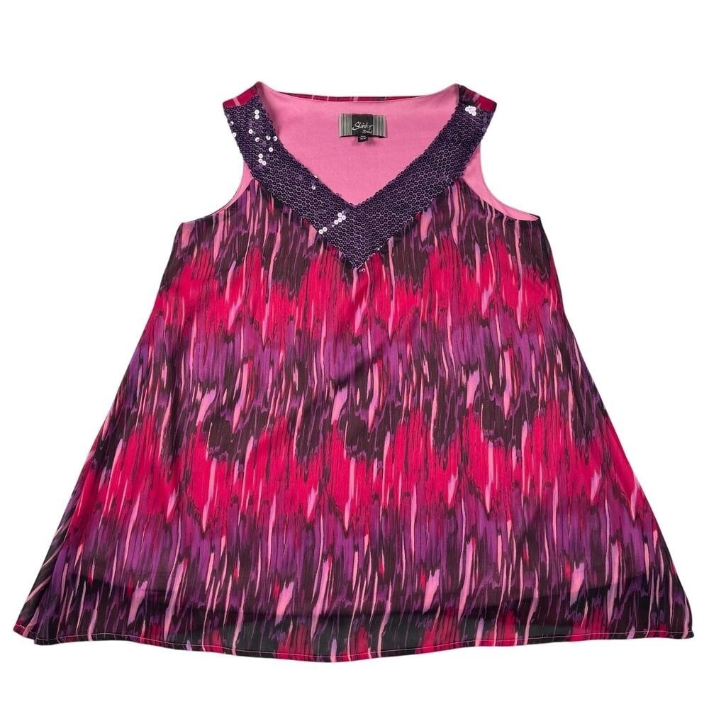 Slinky Brand‎ Tank Top Womens XS Pink Purple Print Chiffon Sequin V-neck Lined